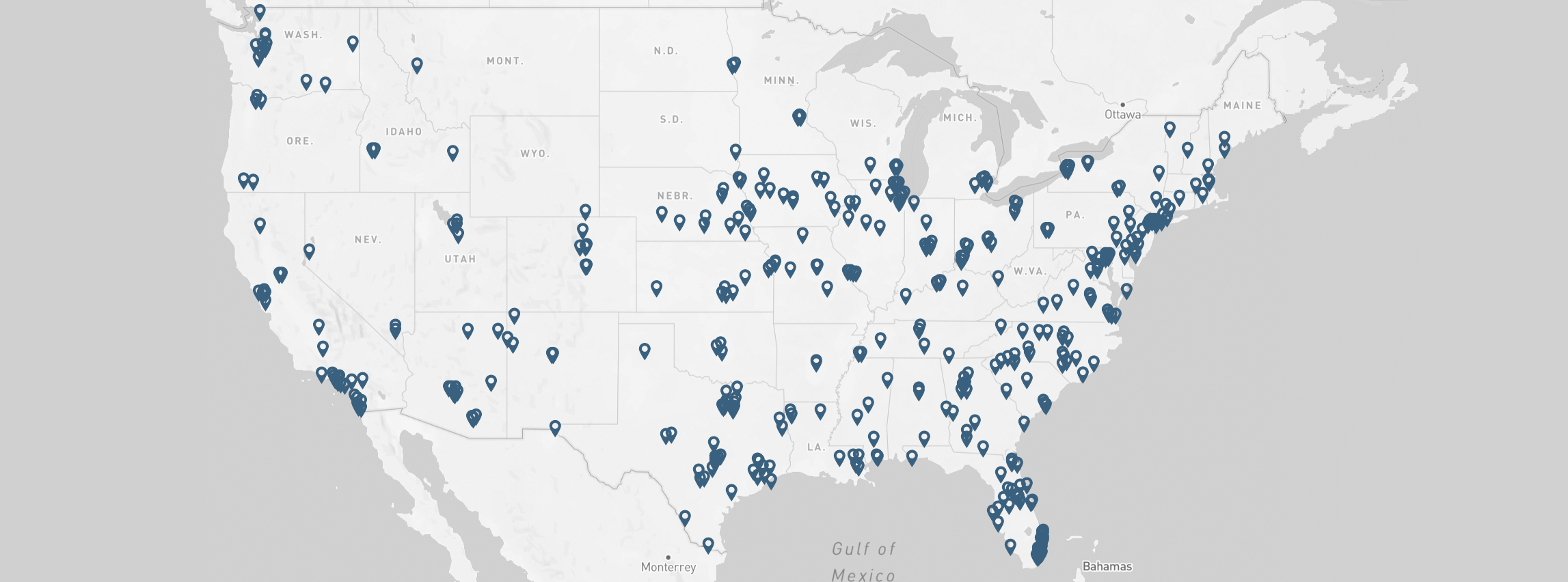 Map of the United States with clinics labeled. Refer to text below for list of clinics actively seeking volunteers.